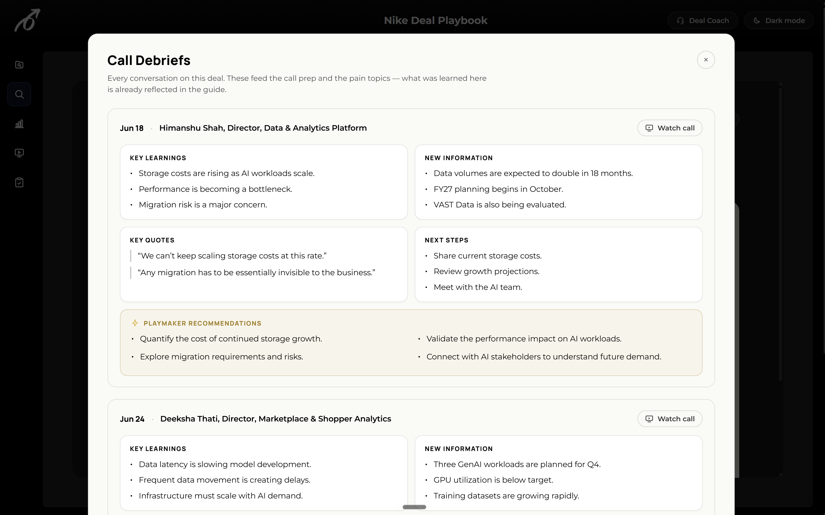 PlaymakerAI call debriefs showing key learnings, new information, quotes, next steps and recommendations