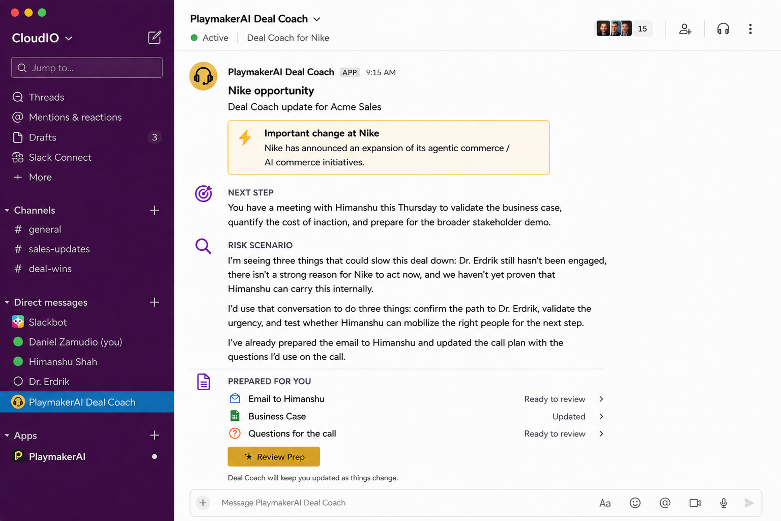 PlaymakerAI Deal Coach briefing in Slack: an important change detected at Nike, the next step for Thursday’s meeting, a risk scenario naming three things that could slow the deal, and prepared artifacts including an email, an updated business case, and questions for the call